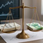 A scale balancing stacks of dollar bills and foreign currency bills with a financial chart in the background.