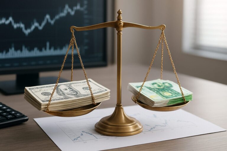 A scale balancing stacks of dollar bills and foreign currency bills with a financial chart in the background.